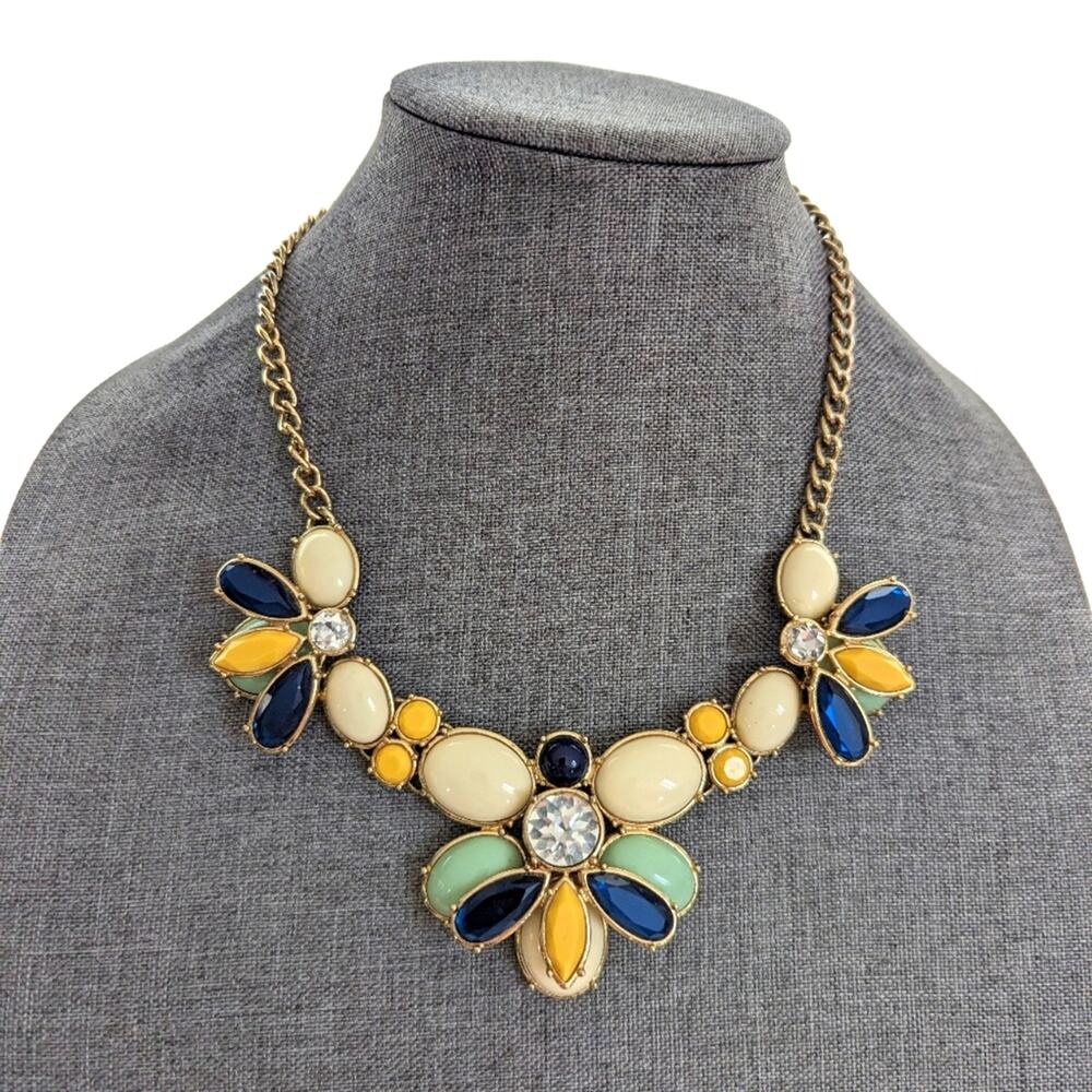 Talbots Gold Tone Chain Floral Cabochon Rhinestone Statement Bib Necklace